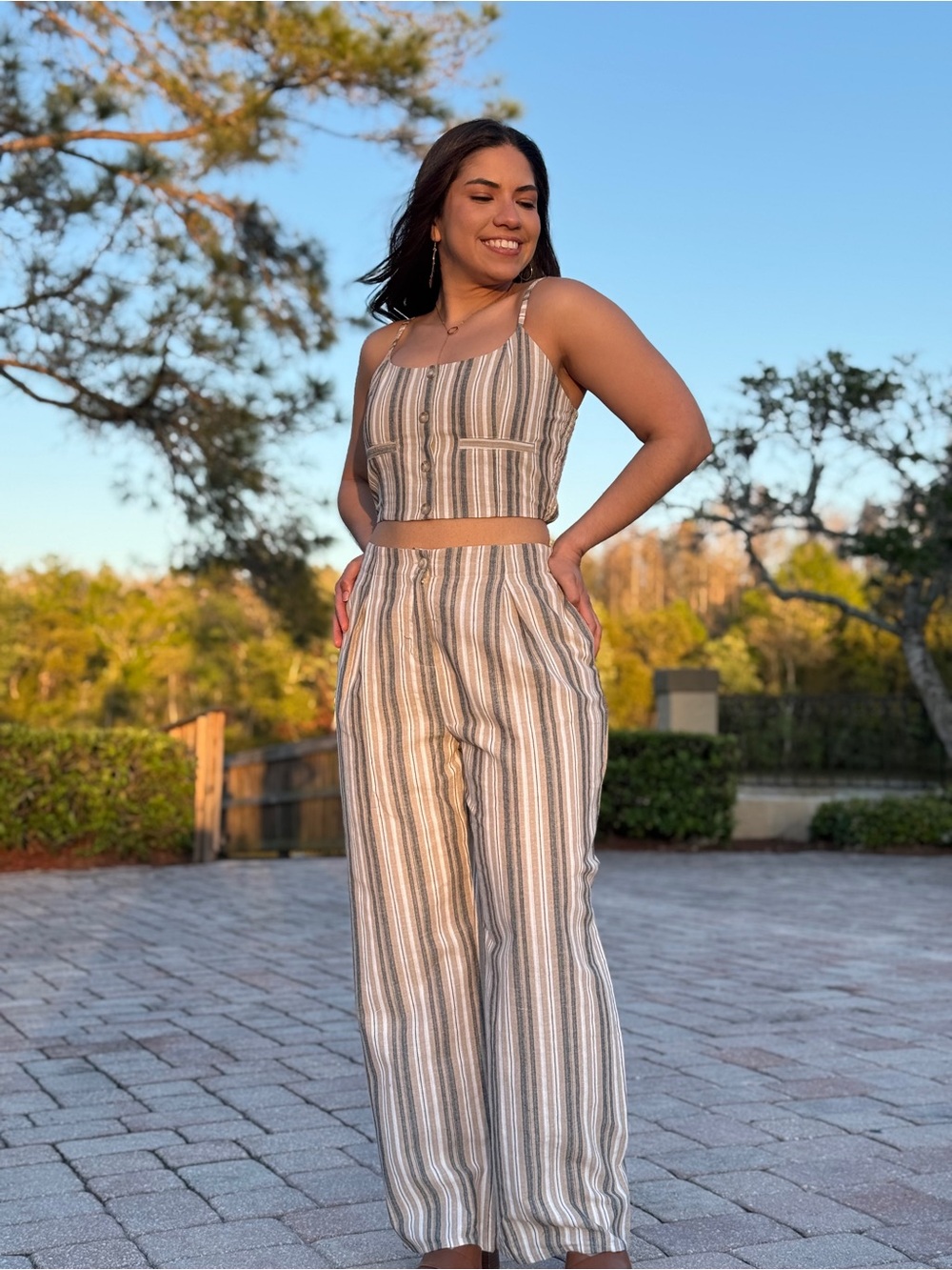 Striped Wide-Leg Linen Blend Pants - Neutral Stripe